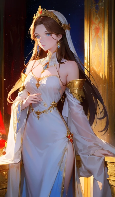 fancy, 19th-century, Empress, Woman, 精致的面容, long light brown hair, blue colored eyes, in a white royal dress with open shoulders, gold patterns on fabric, crystal jewelry, with a scarlet ribbon on the shoulder in the monarch&#39;s regalia, Gothic castle made of white stone in the background, Lumiere, giorno, High definition