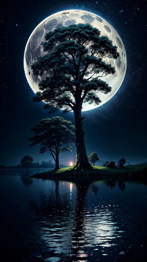 lake,world Tree,night,moon,仰望world Tree,Maximum resolution,The most beautiful scenery。