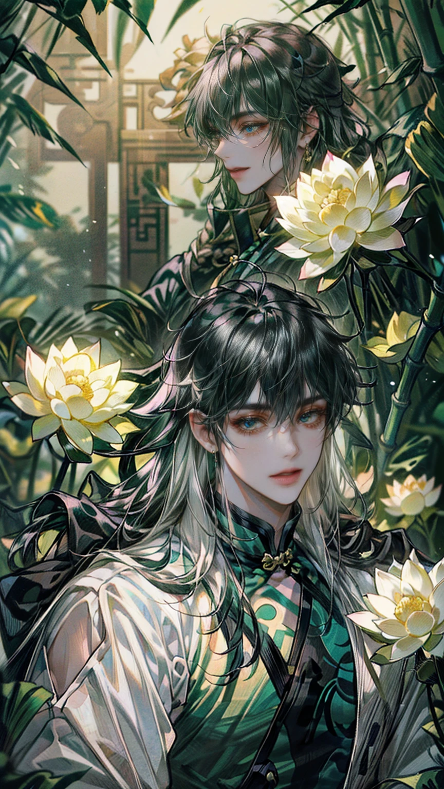 extraordinarily beautiful youth, a bright, innocent smile,All green clothing,(absurdres, highres, ultra detailed, HDR), masterpiece, best quality, (1 boy) , boy character ,((Thick black long hair)),beautiful face,detailed interior, detailed character,((man)),(lotus Flowers in bamboo forest), black hair,he smile,(white lotus), house of China in bamboo Forest , beautiful and cute man ,(long black hair),black eyes,((solo man)),(he has a Big eyes, charming lips, slim nose and small face),(slim figures and no muscle),thin boy,slim body, slim figures  ,very long hair,( black eyes)