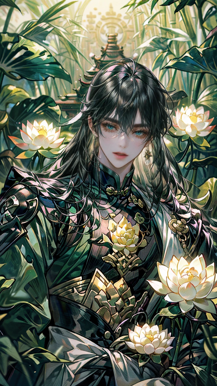 extraordinarily beautiful youth, a bright, innocent smile,All green clothing,(absurdres, highres, ultra detailed, HDR), masterpiece, best quality, (1 boy) , boy character ,((Thick black long hair)),beautiful face,detailed interior, detailed character,((man)),(lotus Flowers in bamboo forest), black hair,he smile,(white lotus), house of China in bamboo Forest , beautiful and cute man ,(long black hair),black eyes,((solo man)),(he has a Big eyes, charming lips, slim nose and small face),(slim figures and no muscle),thin boy,slim body, slim figures  ,very long hair,( black eyes)