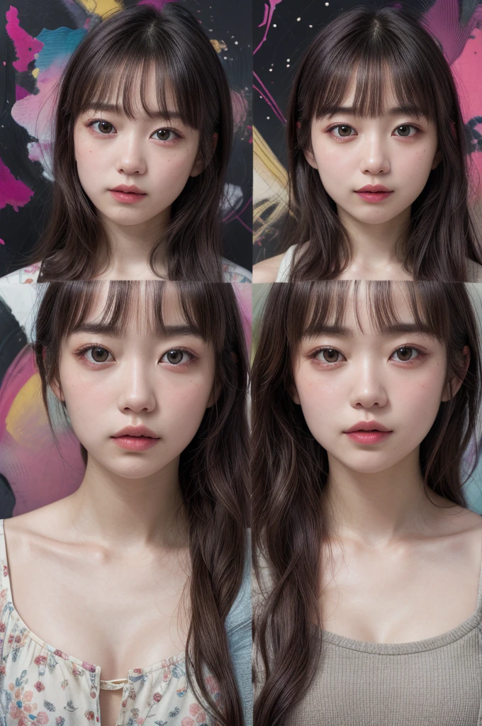 Realistic、(masterpiece、Highest quality、Highest quality、Official Art、beautifully、aesthetic:1.2)、Symmetrical face，Very detailed、woman，日本人woman，colorful、The finest details、Tangled、(The background is bright and abstract:1.5)、Bright Eyes、Back to all、Masseter region，High resolution，Idol、clavicle、photograph、movie、Eyes from below，Long Hair，View your audience、Cleavage，((surrealist clothes:1.4))，Puffy eyes，sit