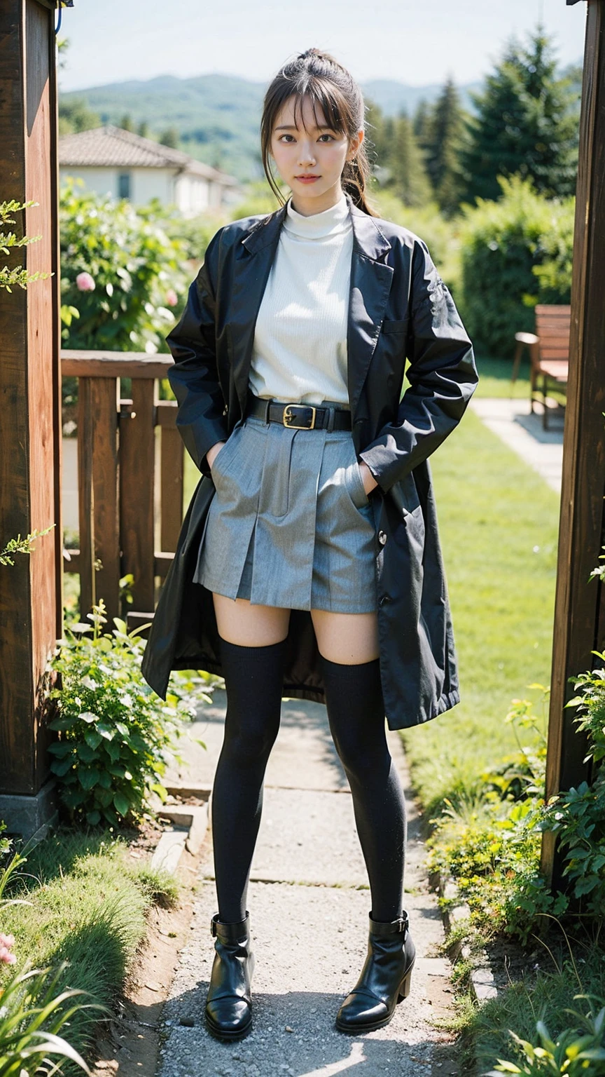 (8K、RAW Photos、Highest quality、masterpiece:1.2)、(Realistic、Realistic)、1 Girl、((mini skirt、coat、black、Thin legs、whole body、boots、one piece、tights、garden、View from the front、Looking into the camera、belt、Stand with hands on hips))、cute