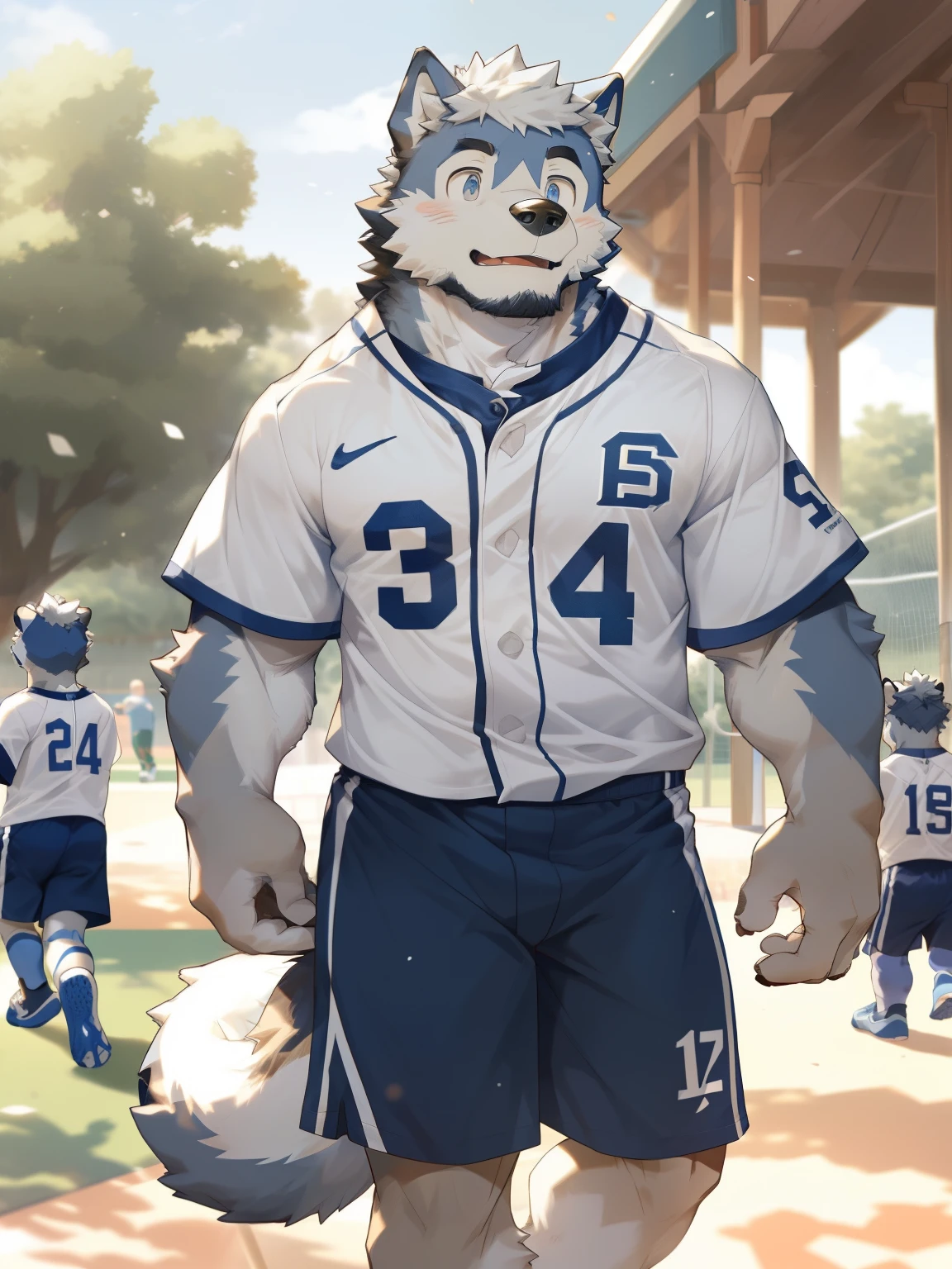 hairy,(Akita dog,,White fur,Gray fur,Light-colored fur,Baseball uniform,White shorts,)Big Tail,playground,hall,Light,Cute expression,Secondary sexual characteristics are obvious,Shota,极其lifelike阴影,masterpiece,Very detailed,lifelike