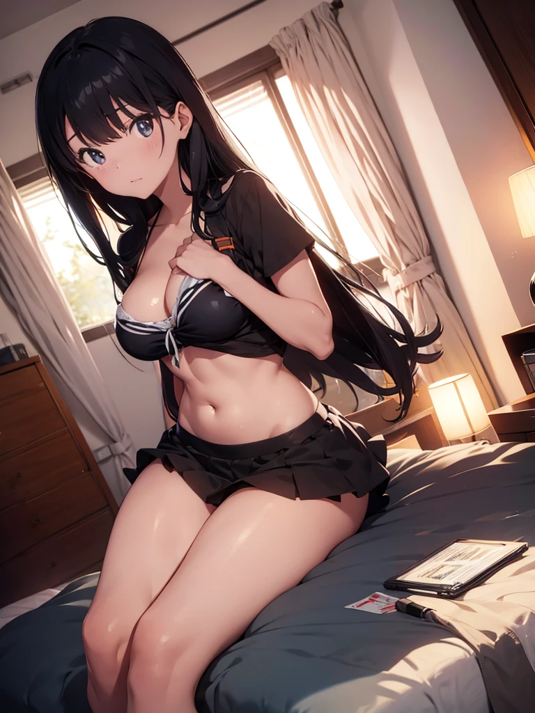 Rikka, A-line skirt,sexy girl,bed room ,on the bed,Beautiful slender legs,Big breasts,porn,bikini