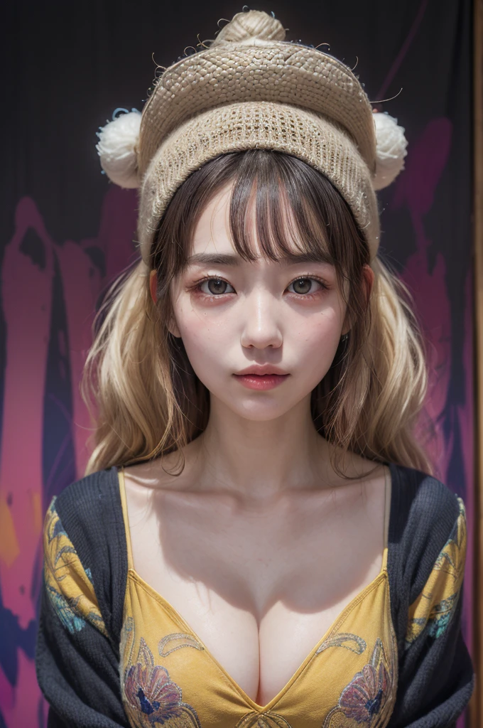 Realistic、(masterpiece、Highest quality、Highest quality、Official Art、beautifully、aesthetic:1.2)、Symmetrical face，Very detailed、woman，日本人woman，colorful、The finest details、Tangled、(The background is bright and abstract:1.5)、Bright Eyes、Back to all、Masseter region，High resolution，Idol、clavicle、photograph、movie、Eyes from below，Long Hair，View your audience、Cleavage，((surrealist clothes:1.4))，Puffy eyes，sit