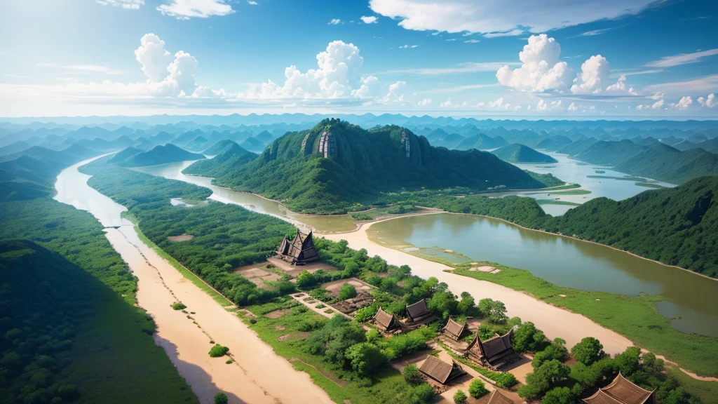 Beautiful scenery of ancient Cambodian village. Aerial view. Photorealistic photos, High definition. 8K