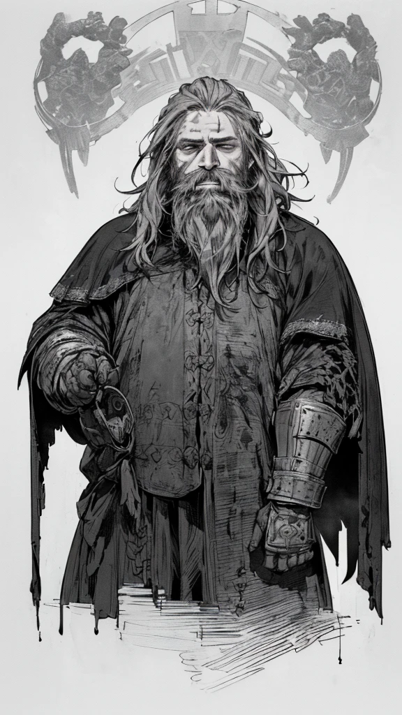 Highest quality, (Background details), High Contrast, so beautiful, Detailed original illustrations, Dwarven warriors、白hair、Muscular々、Wearing armor、whole body、Has an axe、, Medieval, Earrings_Deeply engraved_eye, Wrinkled face, dark_Stitch_Cape, (Dramatic lighting:1.25), (Shadowed Background:1.2), (dirty_ Sloppy_gray_hair:1.2), (length_Hairy_beard:1.3)Small stature、Has an axe、Delicate face, Wicked Smile, 邪悪なeye, Black background, (Black background: 1. 5) Beautiful line art, Monochrome
