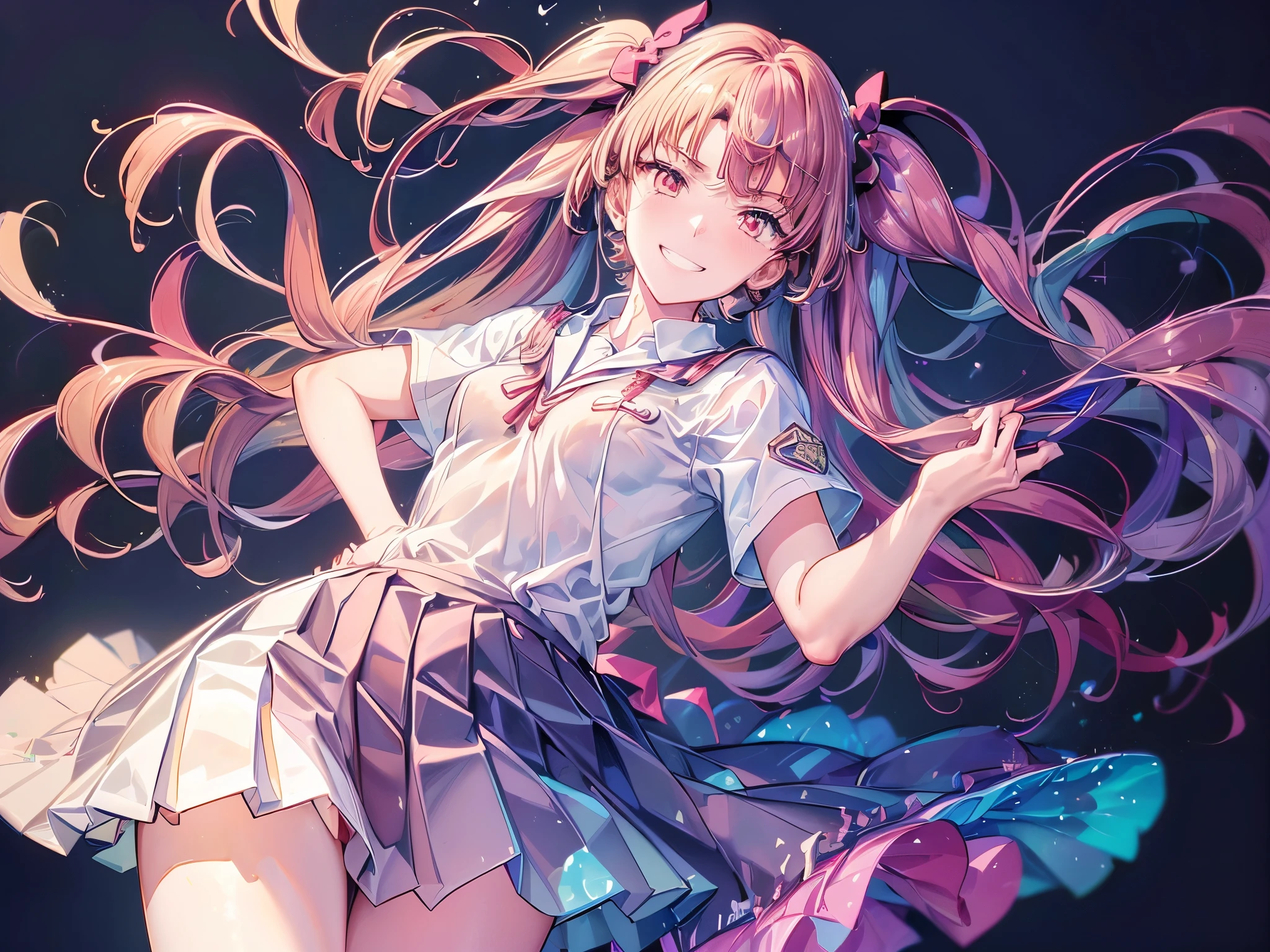 Kuroko Shirai, (Tokiwadai Junior High School Uniform:1.5), Twin tails, Raise the hand, (masterpiece, Absurd quality, Highest quality, Official Art, beautifully、beautiful:1.2), (独奏:1.5), 16K, Very detailed, Most detailed, Sharp focus,), By famous artists, (Conversion Sequence), (difficult:1.8), (Simple blank background:2.0), Minimalism, sketch, (Cowboy Shot:1.5), (Double exposure:1.5), Kaleidoscope, sketch, (Floating Hair:1.5), From below, (Wicked Smile:1.5), Minimalism, (silhouette:1.5), from the front, Crazy Smile, dynamic angle, Backlight