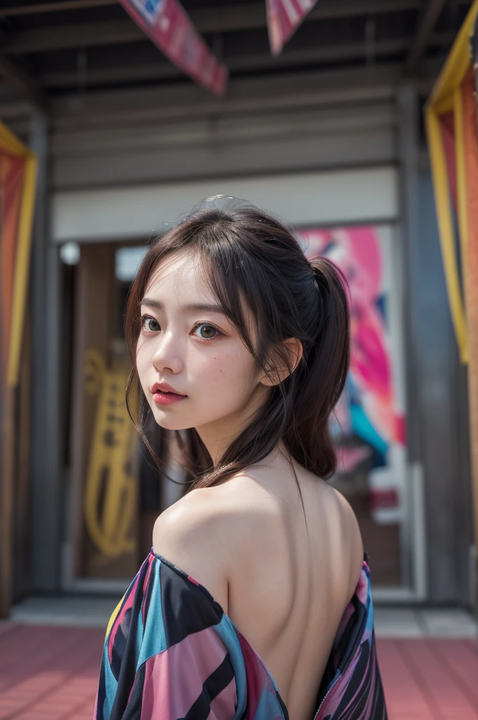 Realistic、(masterpiece、Highest quality、Highest quality、Official Art、beautifully、aesthetic:1.2)、Symmetrical face,Very detailed、woman,日本人woman,colorful、The finest details、Tangled、(The background is bright and abstract:1.5)、Bright Eyes、Back to all、Masseter region,High resolution,Idol、clavicle、photograph、movie、Eyes from below,Long Hair,View your audience、Cleavage,((surrealist clothes:1.4)),Puffy eyes,sit