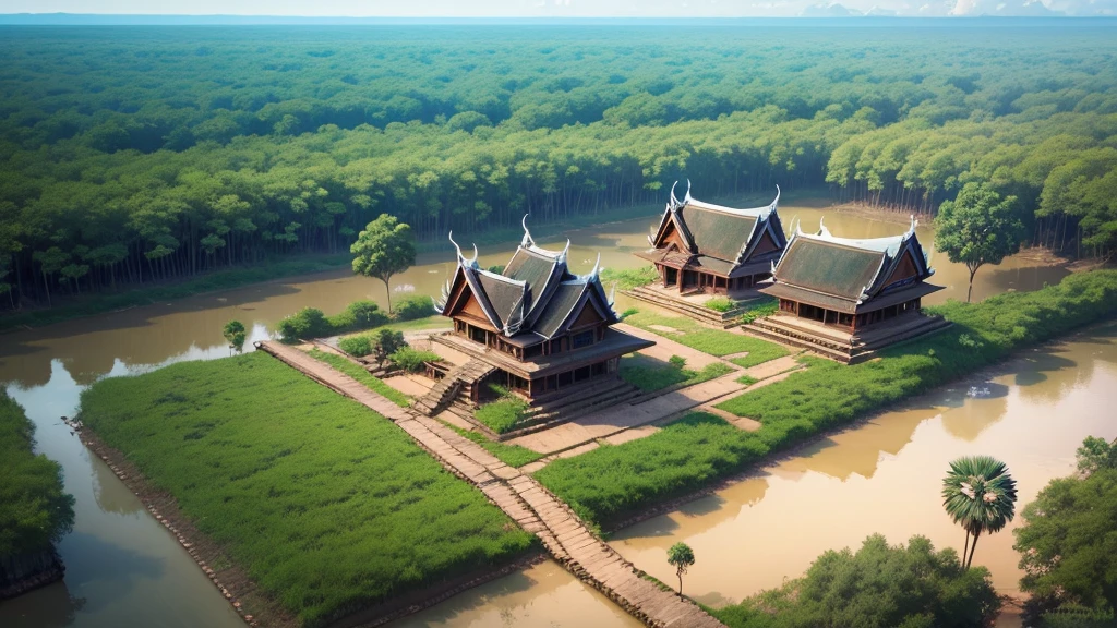 Beautiful scenery of ancient Cambodian village. Aerial view. Photorealistic photos, High definition. 8K