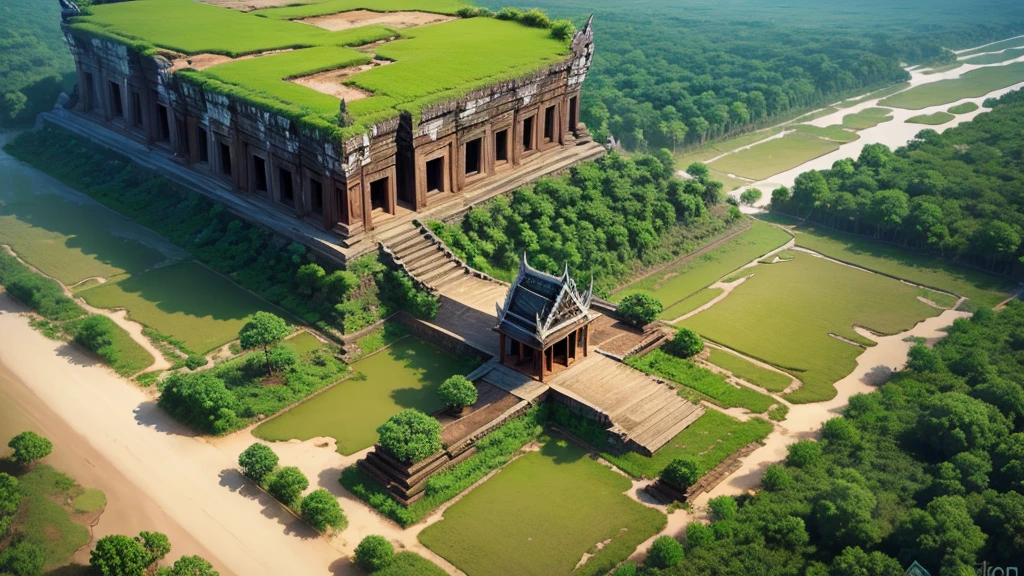 Beautiful scenery of ancient Cambodian village. Aerial view. Photorealistic photos, High definition. 8K
