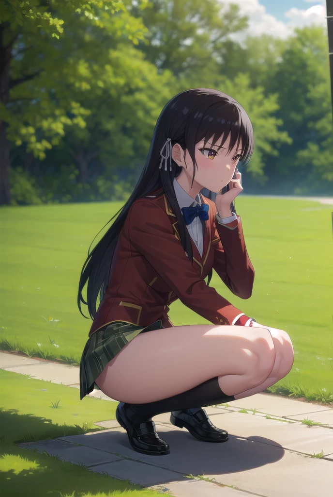 masterpiece, best quality, 1girl, solo, skirt, bag, outdoors, jacket, squatting, socks, shoes, looking at viewer, brown footwear, school uniform, plaid, loafers, blazer, brown hair, plaid skirt, black socks, long sleeves, bangs, open clothes, open jacket, bow, brown eyes, pleated skirt, bowtie, day, long hair, full body, bush, red bow, kneehighs, shirt, closed mouth, sleeves past wrists, backpack, hand on own face, red bowtie, black jacket, school bag, blush, plant, brown skirt, hand on own cheek, blurry, from side, hand up, looking to the side, collared shirt, miniskirt, white shirt, cardigan, grass, sweater, light smile