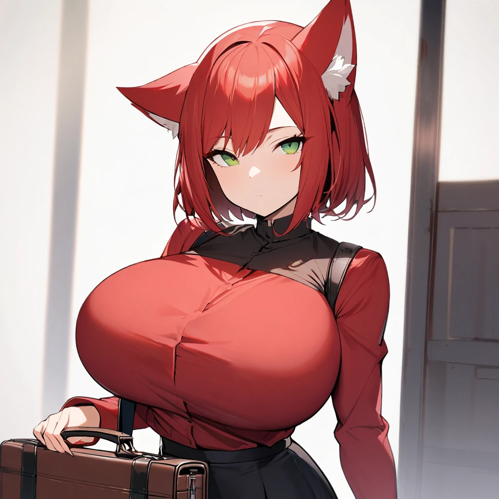 1girl,solo,red hair color,wolf cut hair(short),wolf ears,green eyes,slanted eyes,super huge breasts,slender,red shirt,long sleeves,briefcase,expressionless,looking at viewer,near,beautiful person ,cool,standing up,white background