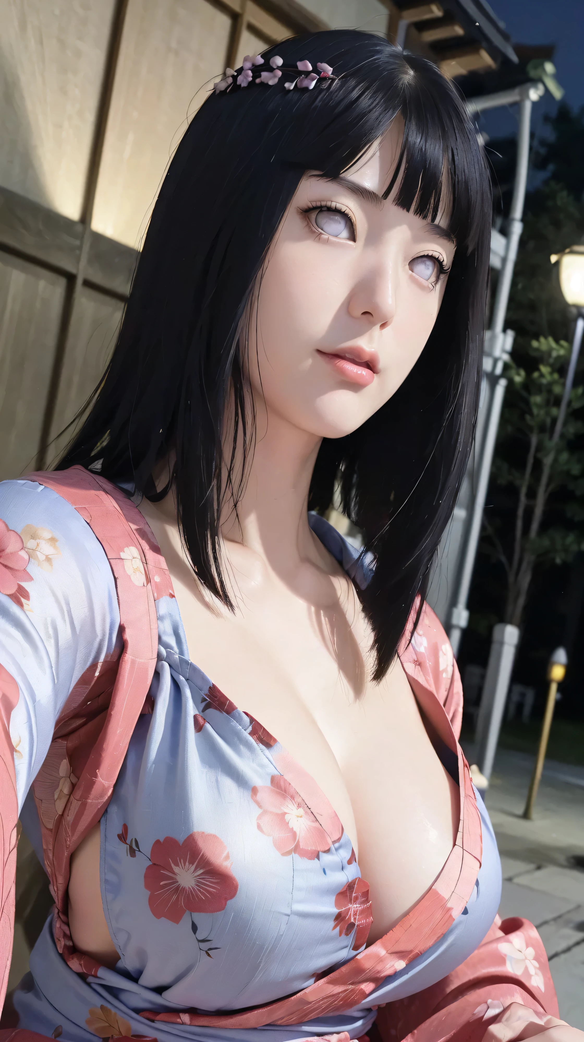 masterpiece, hinata\(boruto\), 1girl, mature women, (((Red floral satin kimono with spaghetti strap top))), (((Selfie))), (((Close-up photo))), (((cleavage))), (((Closed Clothing))), (((big breasts))), (((big round breasts))), (((round breasts))), (((extremely heavy breasts))), (((Colossal tits))), (((heavy breasts))), (((plump breasts))), (((perfect breasts))), (((Outdoor))), (((Cherry Blossom Backgroun at night))), (shy face), detailed lips, beautiful face, blush, (pink lips), (((long hair))), white eyes, gentle gaze, smile, super realistic, detailed, realistic face and body, realistic hair, realistic eyes, realistic nose, realistic lips, seductive pose, (((straight bangs))), (dark blue hair), 28 year old girl