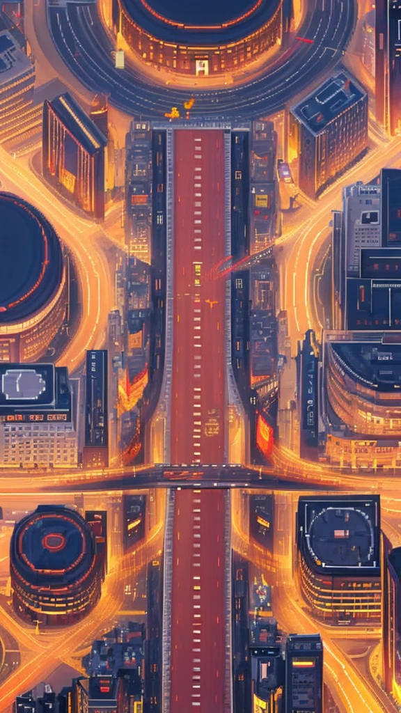 Straight road running through the center of the city, game concept, game map, pixel, pixel art, (straight road:1.2), paved road, night, detailed, vertical, bird's eye view, modern city, front projection