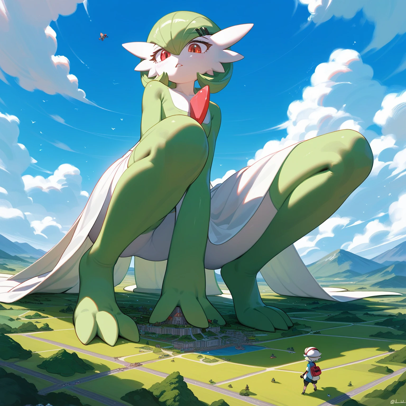 green legs, full body shot, green and white, gardevoir, pokemon, sizedifference, macro, giantess, high angle, stand, looking ground, continent, 2 feet, 1 hands on the knee, 3 toes, squat, cloud, island