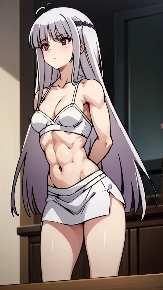 Jmasterpiece, best quality, ultra-high-detailed, Disgusted face, white hair, red eyes, sigtuna julie , small breast, looking to viewer, deep eyes, glare eyes, muscular, eyeshadow, bare shoulder , Collarbone, spaghetti straps, medium breast , shaded face, fit body , underwire bra, open front bra, cleavage , near camera shot, so close, Navel, midrifft , underbutt, Underbust, upper limbs , underbutt, from below, ,muscular, showing ass, bending over back view, in bed, ABS , holding the bed, leaning forward