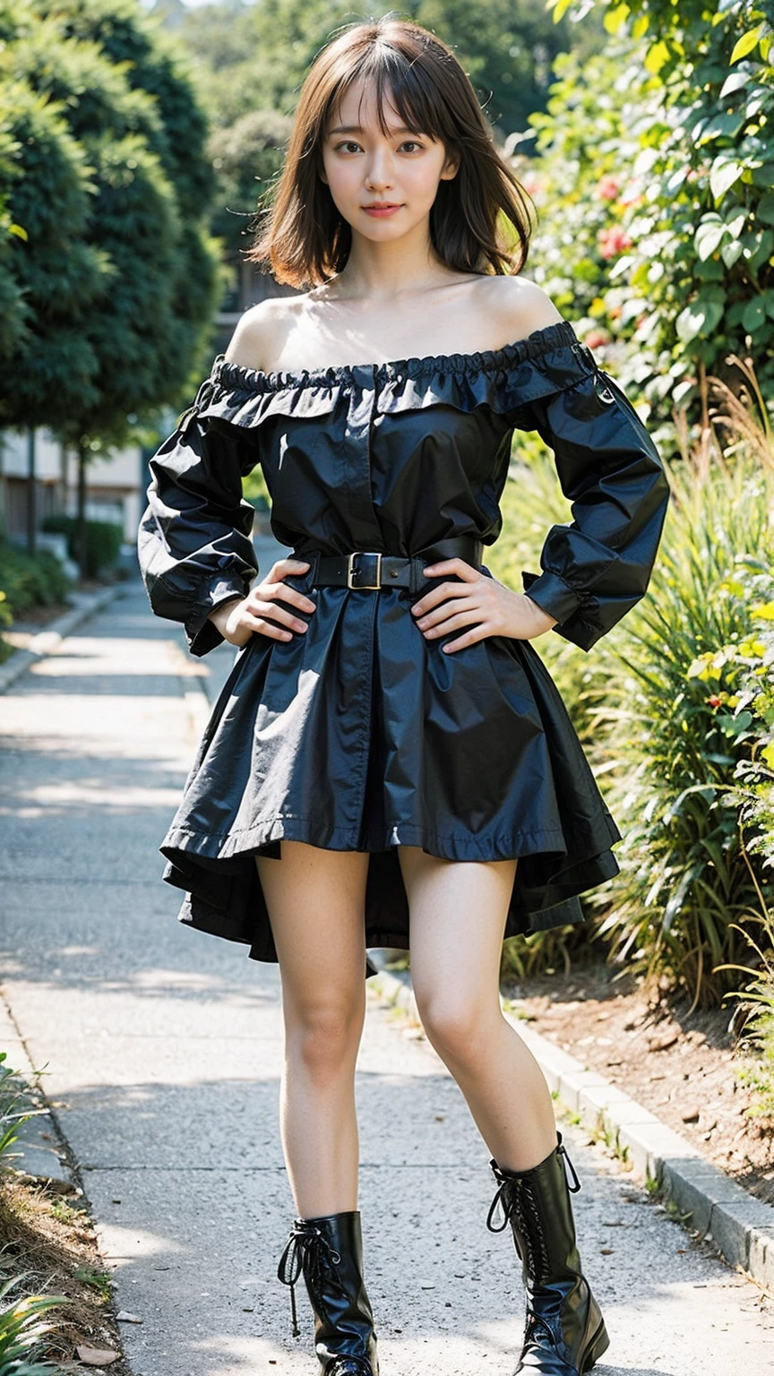 (8K、RAW Photos、Highest quality、masterpiece:1.2)、(Realistic、Realistic)、1 Girl、((mini skirt、Black and white、Thin legs、whole body、boots、Clothes with ribbons、Anime Costumes、Chest ribbon、Off the shoulder、See-through、Frills、garden、smile、View from the front、Ribbon on chest、Looking into the camera、belt、Stand with hands on hips))、