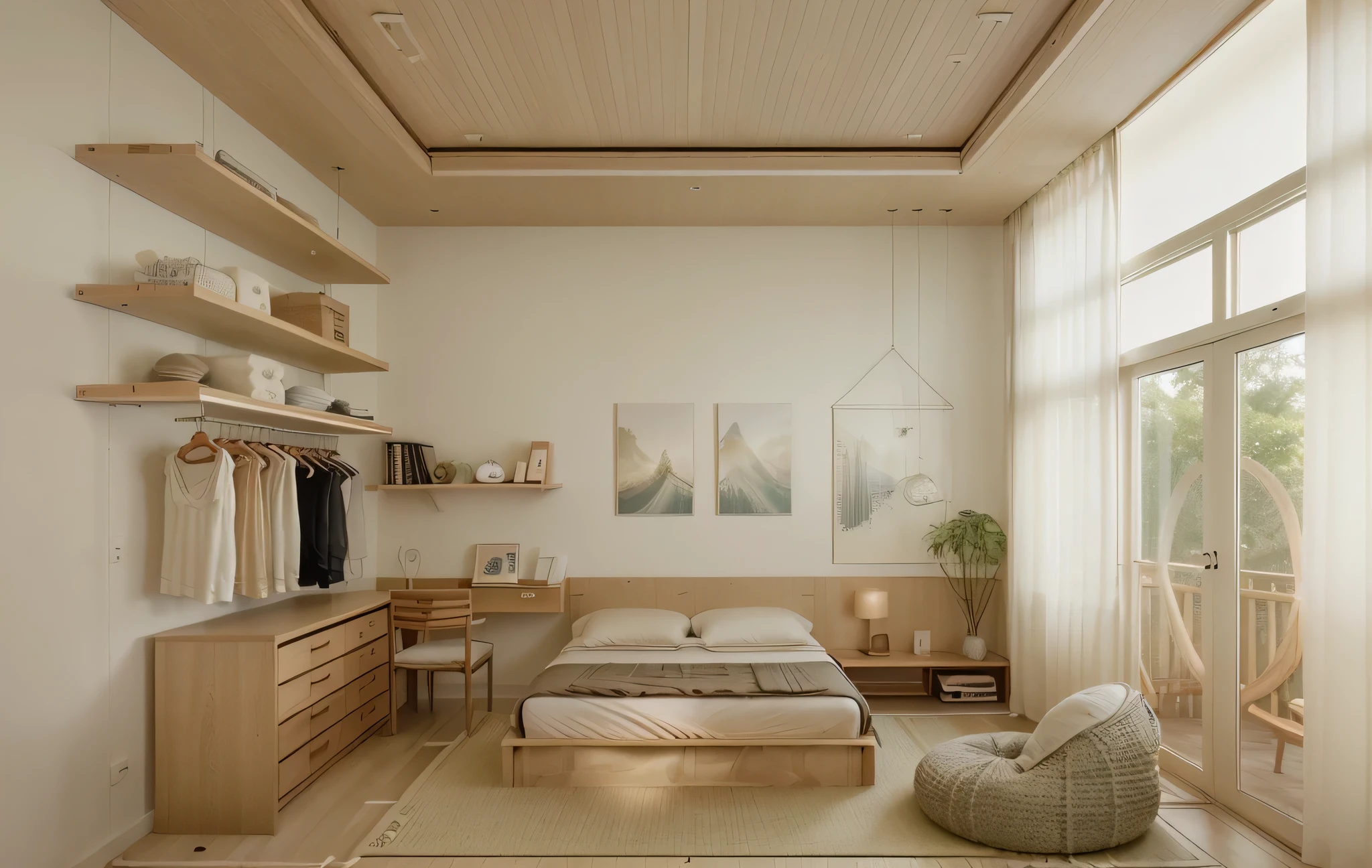 A serene Muji style bedroom with a flat ceiling and recessed downlights arranged in a sparse, straight line pattern. The room features a neutral color palette of soft whites, beiges, and natural wood tones, with a low-profile wooden bed, minimalist nightstands, and a functional wooden desk. Soft lighting from simple, round lamps and large windows with sheer curtains create a warm atmosphere. The walls are adorned with two framed abstract artworks and a wooden macrame wall hanging. An open wardrobe with shelves and a hanging rail for clothes adds functionality and simplicity, while a unique circular window enhances the modern Japanese aesthetic. ((8k)), high quality detail, minimalist design, natural materials, clean lines, serene and inviting, modern Japanese aesthetic, flat ceiling, recessed downlights, abstract artwork, macrame wall hanging, open wardrobe, wooden desk, sheer curtains, circular window.