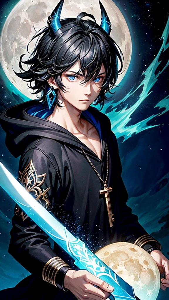 (masterpiece:1.2、highest quality), (Exquisite eyes: 1.2), (Detailed Background、Dark fantasy), (beauty detailed face), High Contrast, (Best lighting、Very delicate and beauty), ((Cinema Lighting) )), colorful, Hyper Detail, Dramatic Light, Intricate details, (1 teen boy, scruffy black hair, bangs, Blue eyes, moon, dark night, long earrings, black hoodie, blue demon horns, blue great sword on the back, looking at viewer, upper body), Black light swirling around the character, Depth of written boundary, black light particles, Nightcore, Spectacular anime style, zerochan art, Anime Wallpaper, Burning, High quality anime art style, Key Anime Art