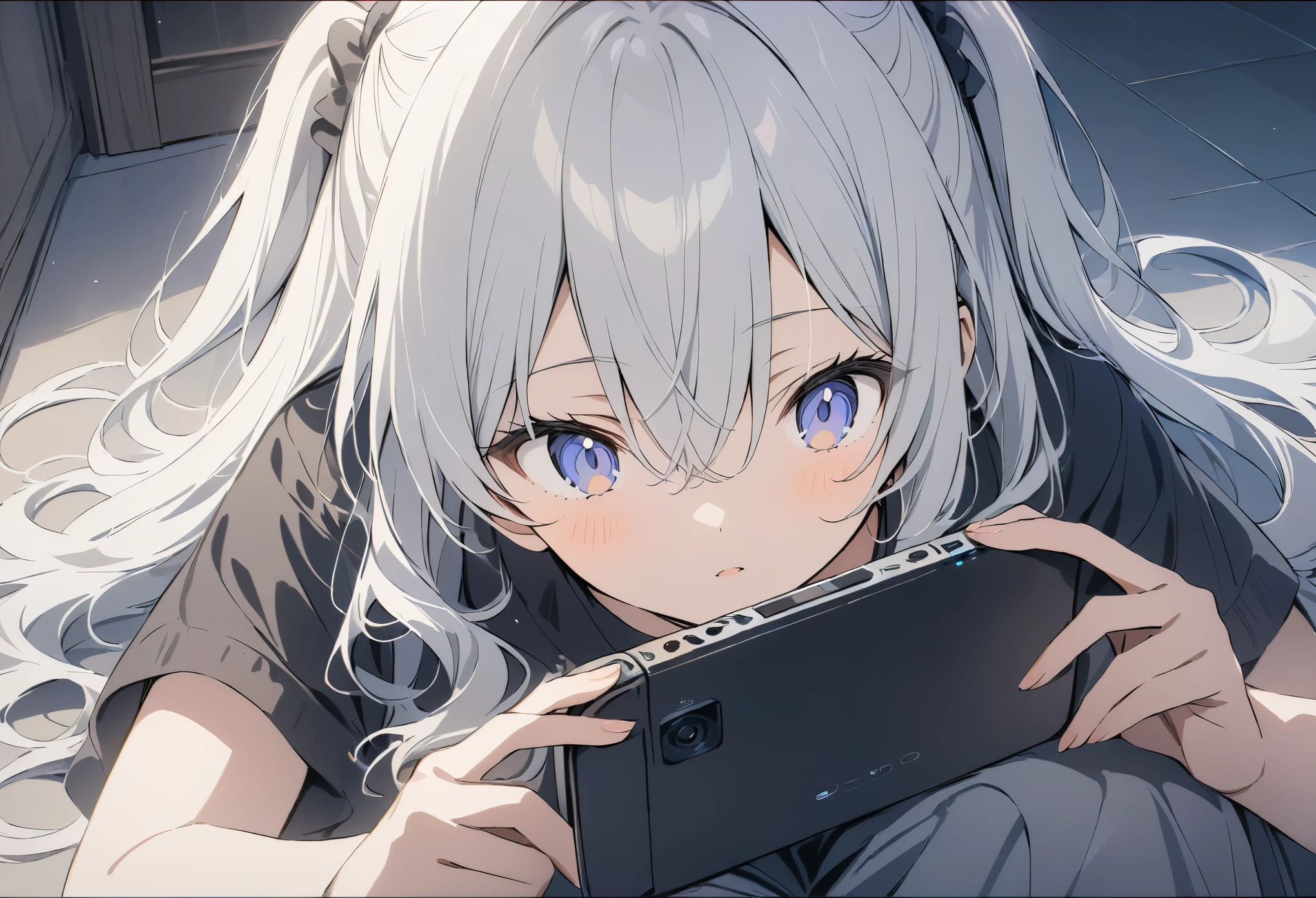 Anime Drawing,Golden Ratio,Very detailed、Very absurd、超High resolution, Attention to detail, high quality, High resolution, 最high quality, 4K, 8K,milky white hair, long hair, hair between eyes, wavy hair, extra-long sideburns, two side up,Black Hair、Girls playing games、Panic look、Sitting on the floor