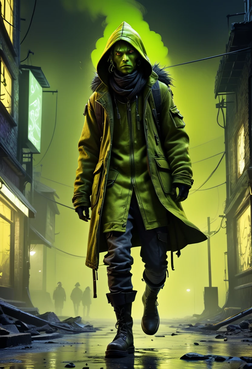 A high-quality digital artwork of a chartreuse vagabond, feeling safe from harm but out of luck, in a scene inspired by "Battle Without Honor Or Humanity." Dark and gritty, urban setting, dynamic composition, strong contrast, detailed character design, moody atmosphere, dramatic lighting, cinematic feel, stylized realism, front view, medium shot, 4k resolution, trending on ArtStation.