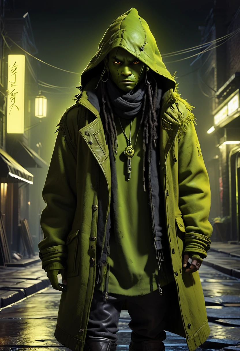 A high-quality digital artwork of a chartreuse vagabond, feeling safe from harm but out of luck, in a scene inspired by "Battle Without Honor Or Humanity." Dark and gritty, urban setting, dynamic composition, strong contrast, detailed character design, moody atmosphere, dramatic lighting, cinematic feel, stylized realism, front view, medium shot, 4k resolution, trending on ArtStation.