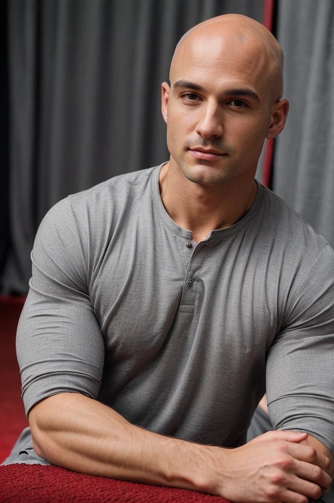 ((8k ((best quality)), ((masterpiece)), (very detailed), real face bald male muscular male upper body wear grey shirt resting on red carpet