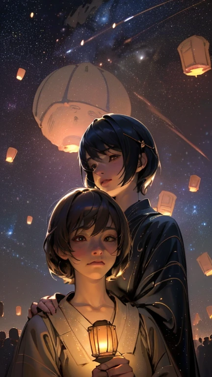 nsfw, Masterpiece, top quality, highly detailed, Photorealistic style, Chiaroscuro style, backlighting,
2 girls, A lesbian couple in yukata,
looking at the camera,
A close-up of their beautiful eyes,
(Lots of fireworks all over the sky,
Many Lanterns floating in the sky,
big shining milky way:1.4),