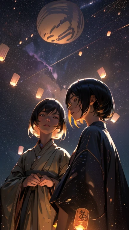 nsfw, Masterpiece, top quality, highly detailed, Photorealistic style, Chiaroscuro style, backlighting, 

2 girls, A lesbian couple in yukata,
looking at the camera,
A close-up of their beautiful eyes,

(Lots of fireworks all over the sky,
Many Lanterns floating in the sky,
big shining milky way:1.4),