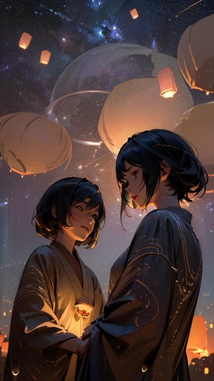 nsfw, Masterpiece, top quality, highly detailed, Photorealistic style, Chiaroscuro style, backlighting,
2 girls, A lesbian couple in yukata,
looking at the camera,
A close-up of their beautiful eyes,
(Lots of fireworks all over the sky,
Many Lanterns floating in the sky,
big shining milky way:1.4),