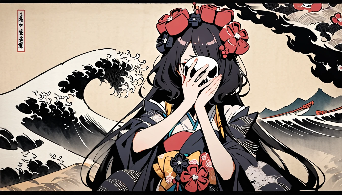 ((Covering his face with a skull mask)), (((Highest quality))), (((Katsushika Hokusai))), (((Ink Painting))), ((very straight longhair)), ((1 girl)), Japanese style headphones, Black Hair, Delicate and precise, Modern ukiyo-e style