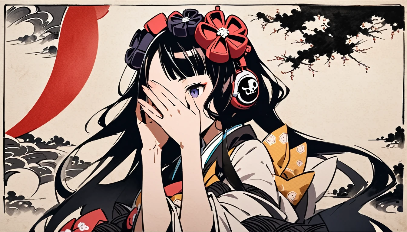 (((Cover your entire face with a skull mask))), (((Katsushika Hokusai))), (((Ink Painting))), ((very straight longhair)), ((1 girl)), Japanese style headphones, Black Hair, Delicate and precise, Modern ukiyo-e style