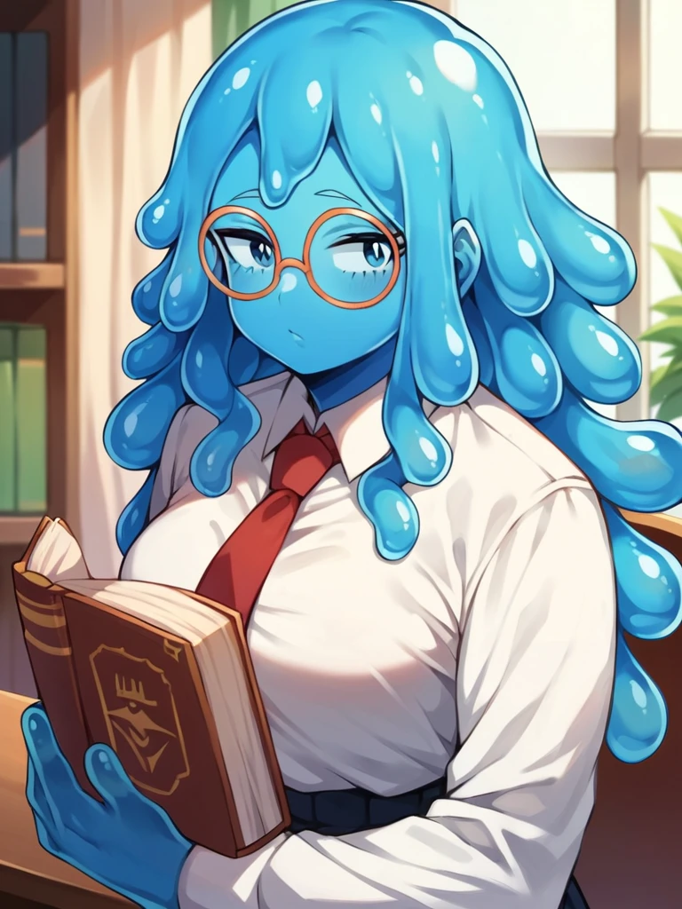 score_9, score_8_up, score_7_up, score_6_up, score_5_up, score_4_up, source_anime, 1Boy, slime Boy, Blue skin, Punk style, round eyeglasses, mature, long hair, ringlets, solo, slimegirlsfw, indoors, school, holding book, my hero academia, depth of field, LUT, medium close shot, detailed, beautiful