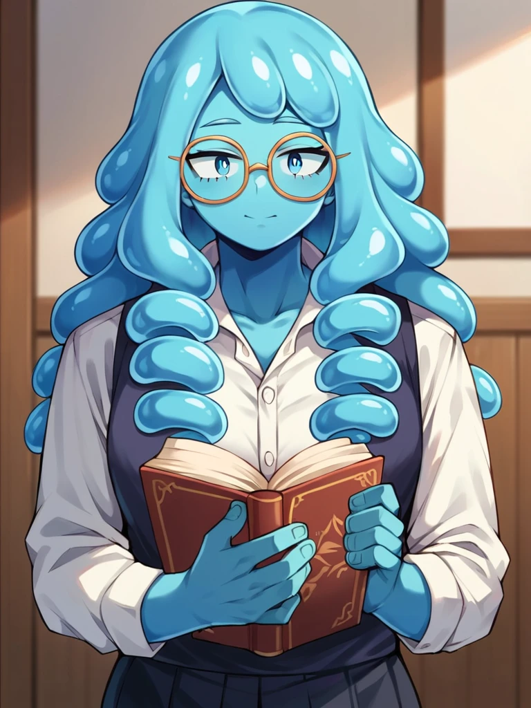 score_9, score_8_up, score_7_up, score_6_up, score_5_up, score_4_up, source_anime, 1Boy, slime Boy, Blue skin, Punk style, round eyeglasses, mature, long hair, ringlets, solo, slimegirlsfw, indoors, school, holding book, my hero academia, depth of field, LUT,  medium close shot, detailed, beautiful