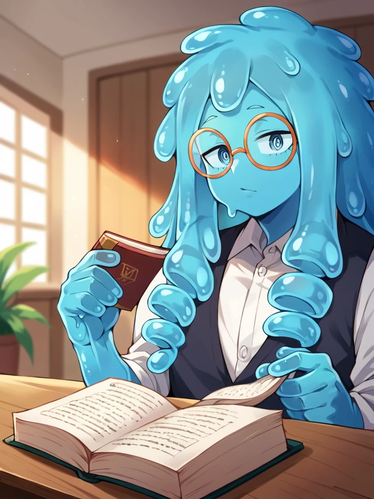 score_9, score_8_up, score_7_up, score_6_up, score_5_up, score_4_up, source_anime, 1Boy, slime Boy, Blue skin, Punk style, round eyeglasses, mature, long hair, ringlets, solo, slimegirlsfw, indoors, school, holding book, my hero academia, depth of field, LUT, medium close shot, detailed, beautiful