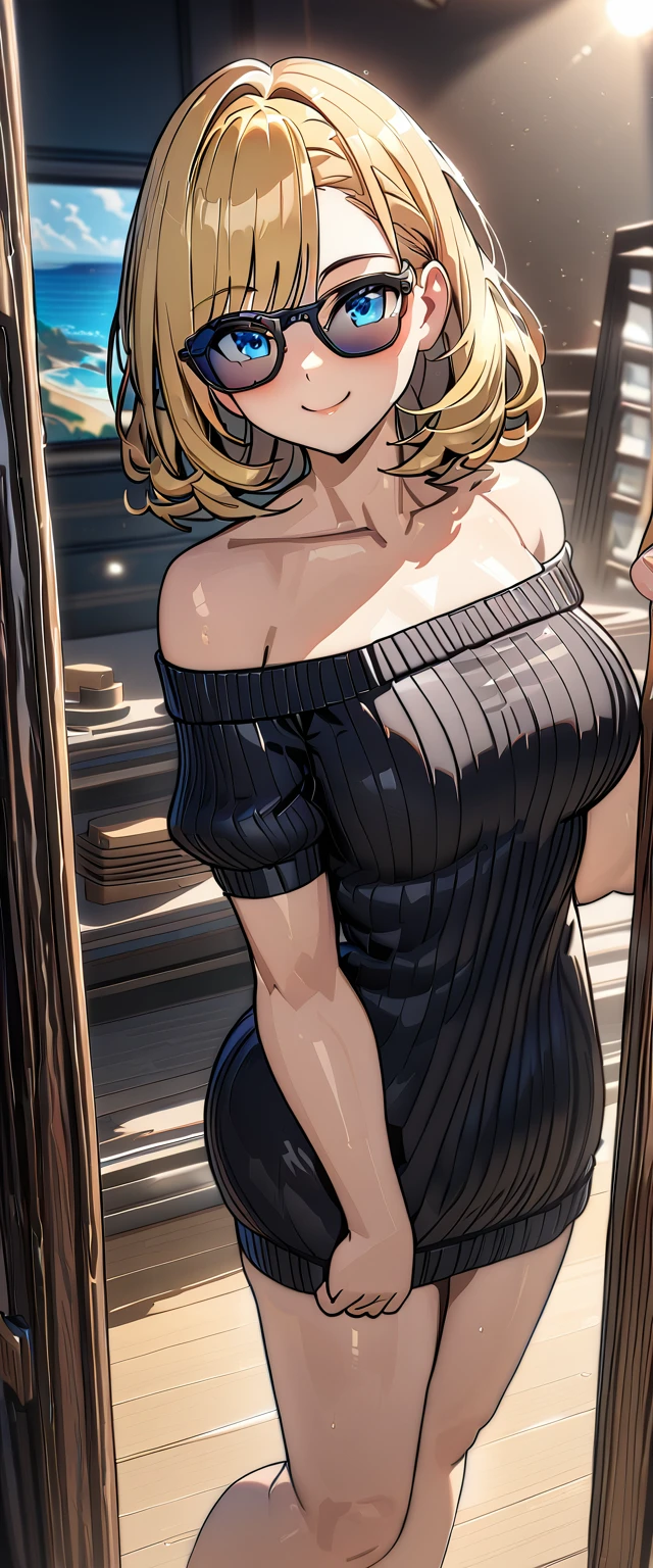 ((sea, beach)), bare legs, ((崖の上に座っている)), (((sunglasses, hand to sunglasses))), (((upper body))), ((wavy hair, inward curled hair)), evening, ((Sunset)), ((blond hair, bob cut:1.3)), breasts, ager, (looking at viewer), oversized clothes, puffy long sleeves, ((off-shoulder sweater:1.3, Quite thick shoulder straps)), ((black sweater)), collarbone, head tilt:1.3, (((blue eyes))), ((happy smile)), (((anime style))), (best quality, 4K, 8K, highres, masterpiece:1.2, ultra-detailed, ultra-detailed eyes, HDR, uhd, studio lighting, ultra-fine painting, sharp focus, physically-based rendering, extreme detail description, professional, vivid colors, bokeh)