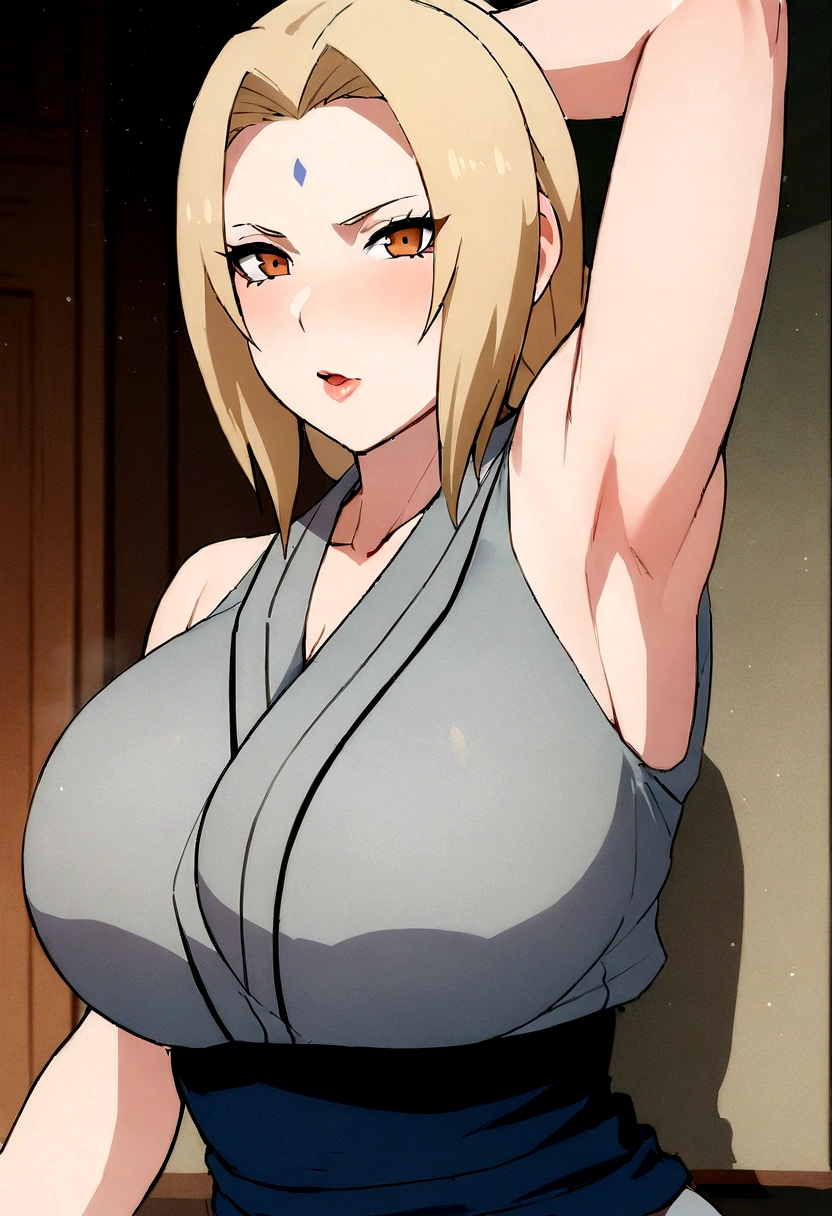 Masterpiece, Tsunade, big breasts, sleeveless, bare shoulders, Pov, 1 girl, kiss, absurdities, detailed, ultra high definition