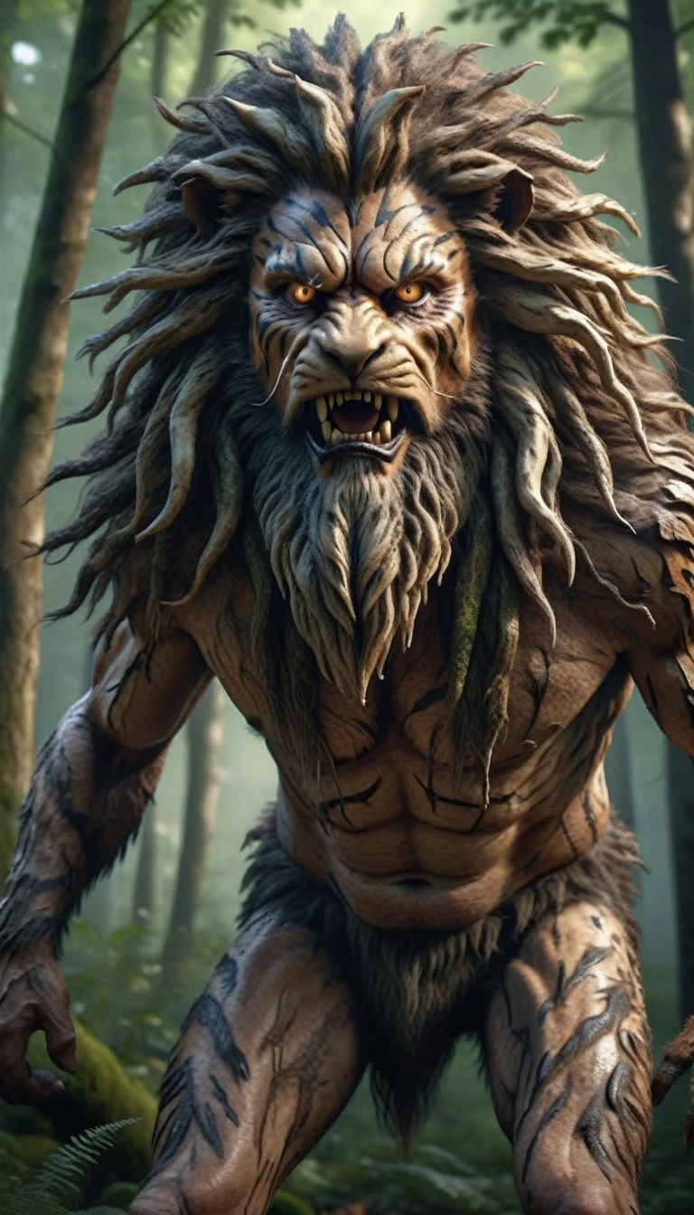 There is a kind of wild man in the forest,Human-like appearance,Full of mane(best quality,4K,8K,High level,masterpiece:1.2),Ultra Detailed,(lifelike,Photo real,Photo real:1.37),Highly detailed animals,Complex patterns,Realistic lighting,Fantasy Creatures