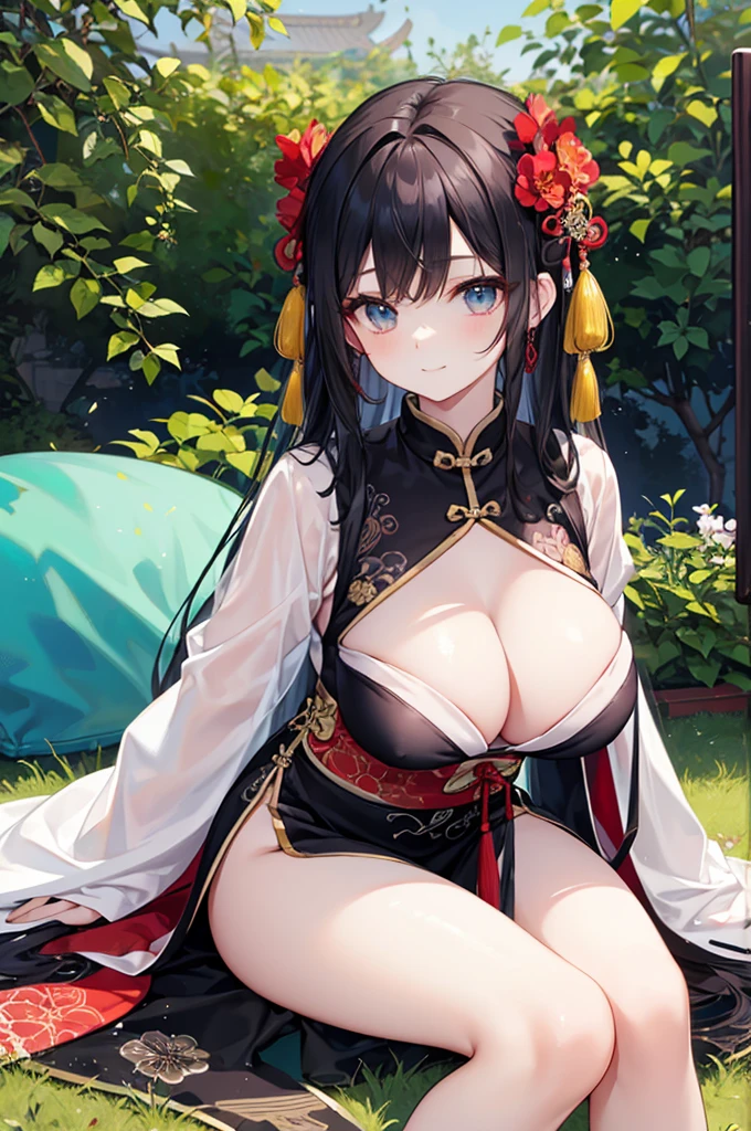 Beautiful Chinese girl,Wearing Hanfu,(transparent),Black long hair,watcher,Sitting on the grass,Lovely,A slight smile on the face,Large bust,Beautiful breasts are long and sagging,Cleavage close-up,(Slim legs:10.0),Peerless Beauty,Wearing Chinese ancient jade hairpin jewelry