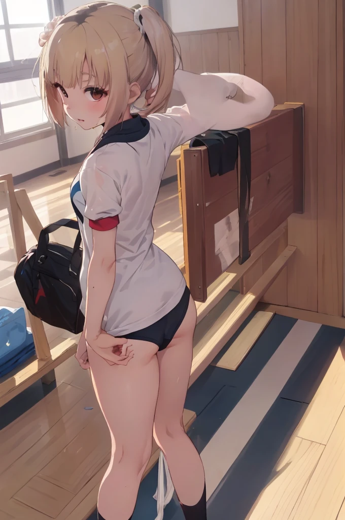 (Highest quality、In 8K、32k、masterpiece、Hmph、Ultra-high resolution、Impressionism、Photorealistic:1.2)、Cowboy Shot、Sharp focus、Detailed face and eyes、Schoolyard、playground、sunset、Beautiful Face、Blurred Background、Sharp pupils、Realistic students、Schoolyard、Beautiful Face、Blurred Background、18 year old beautiful girl、Glowing Skin、short hair、Beautiful platinum blonde hair、Red eyes、(School gym bloomers、Long Jump、Back Jump、Sandbox:1.3)、Thighs Thighs Thighs Thighs、curve、Dynamic action poses、Umbilical cord prolapse、Wet skin、Wet your hair、Powerful composition
