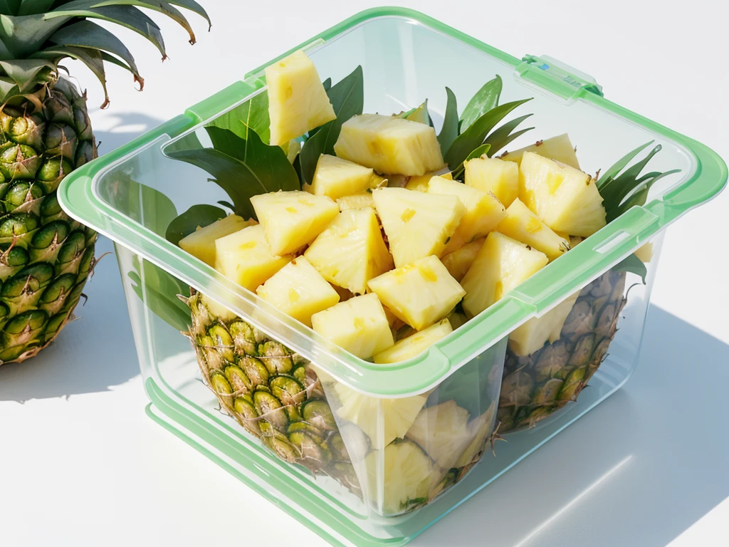 There is a transparent plastic storage box. There is a pineapple in it. The pineapple is upside down. The leaf part of the pineapple is facing the floor.