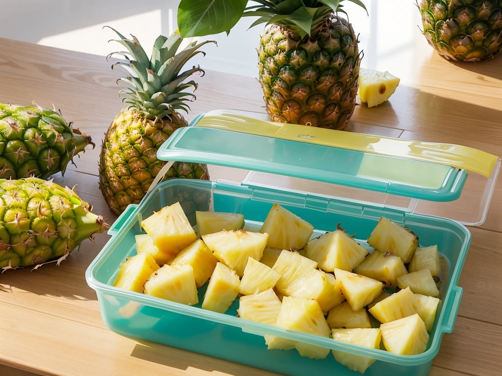 There is a transparent plastic storage box. There is a pineapple in it. The pineapple is upside down. The leaf part of the pineapple is facing the floor.