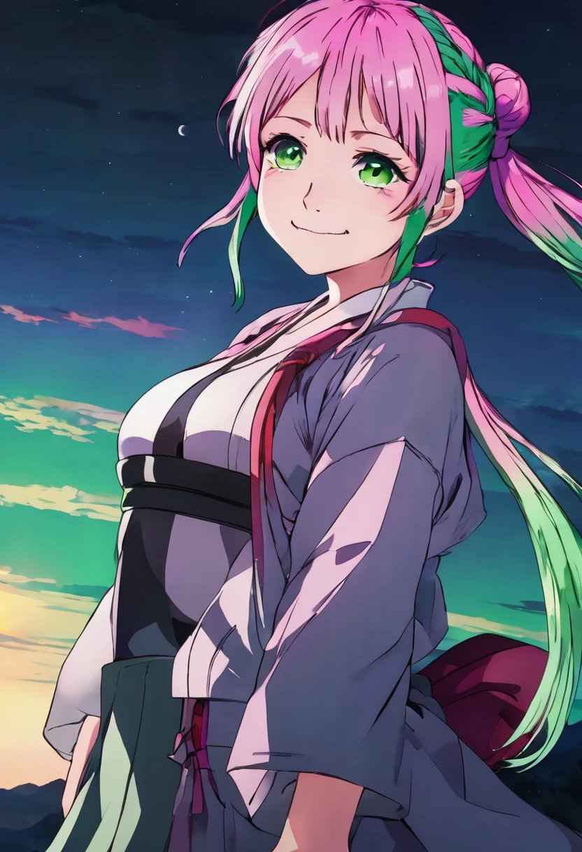 mitsuri(demon slayer), large breasts, upper body, haori, bangs, 1girl, green hair, demon slayer uniform, gradient hair, solo, jacket, multicolored hair, breasts, smile, green eyes, twin braids, pink hair, japanese clothes, long hair, portrait, looking at viewer, moonlight scenery, (from below:1.3) csr style