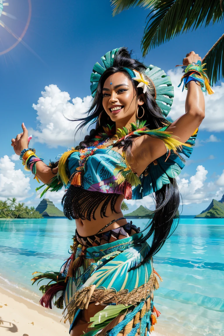 (((35 year old Polynesian woman, colorful top, grass skirt, blue eyes))), (((black hair))), extremely feminine, smiling, wonderful smile,
dynamic poses, lighthearted moments, capturing the excitement and energy, tropical island, blue lagoon, 8k , photorealistic