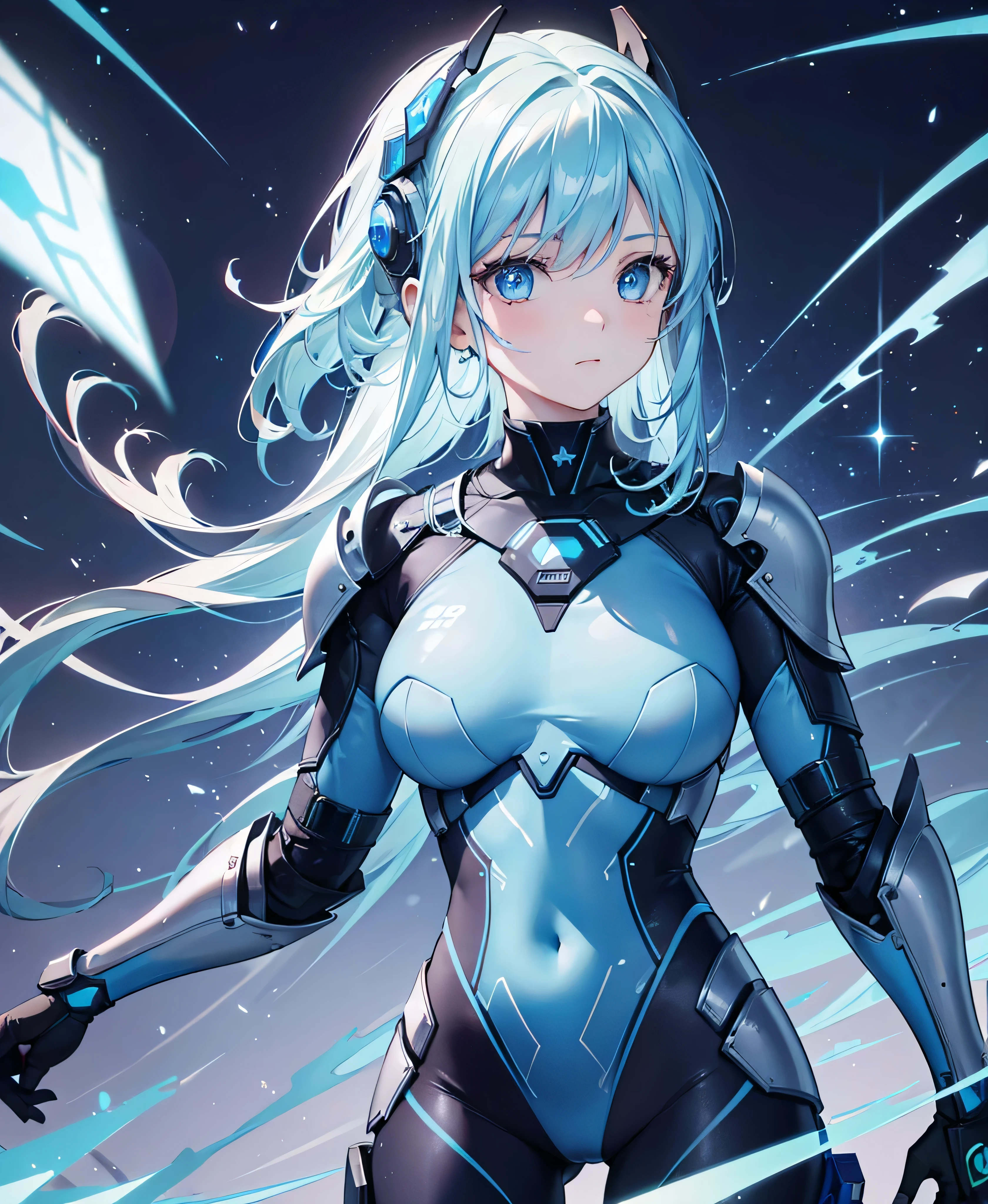 8K, Highest quality, (real:1.4), Original photo, 1 girl, Asari Hair, Biological Amplifier, refined armor, posture: Peace talks between warring factions, smart blue eyes,whole body