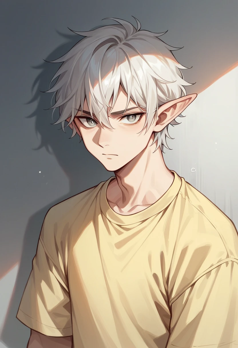 one young elf man, grey skin, short white hair, red eyes dark clothes, tired, sad