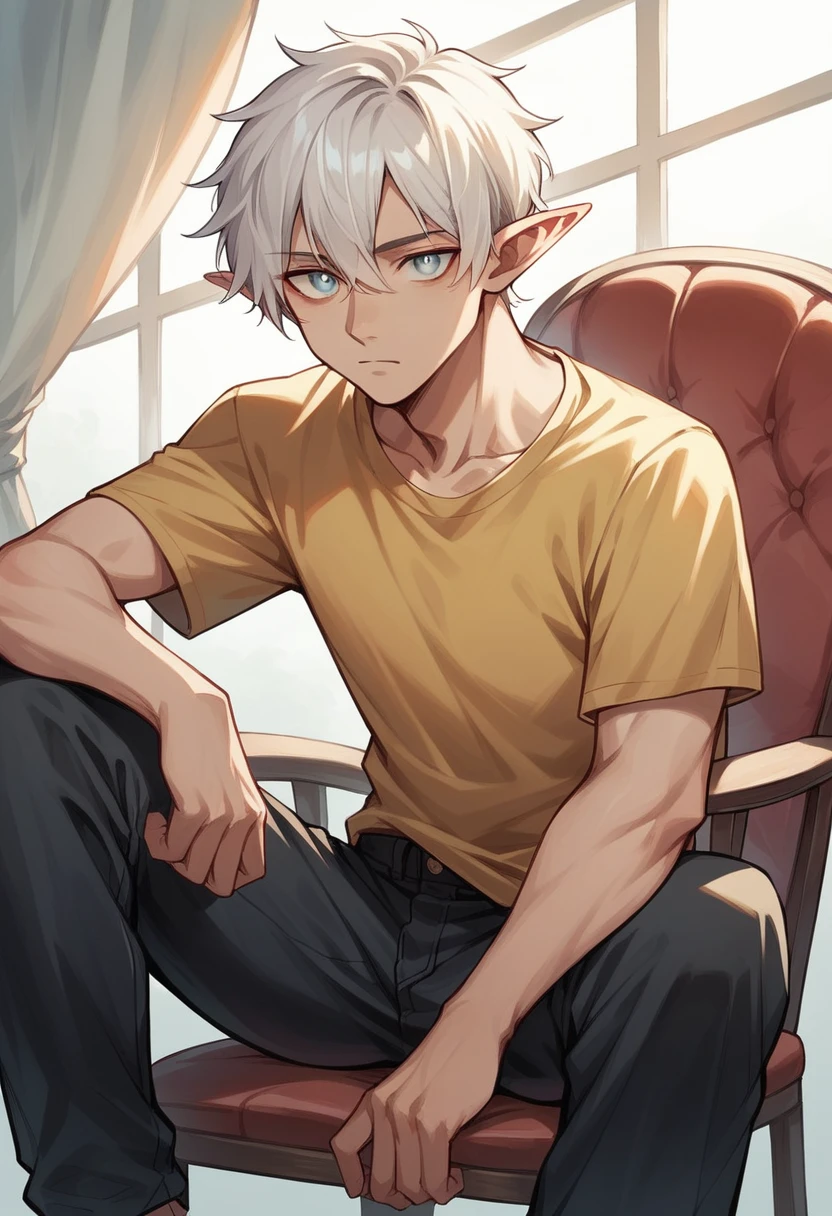 The head chair was occupied by a middle-aged elf who was wearing a loose golden shirt above black pants. His hair was completely black with a hint of white peeking out from a few corners. A pair of coral eyes