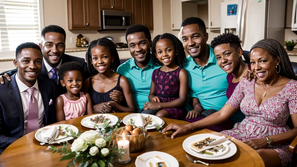 A joyful family gathering with Edward McDonald, a black man, surrounded by his black wife Mazola Ann, four children, grandchildren, and great-grandchildren. Everyone is smiling and enjoying their time together.