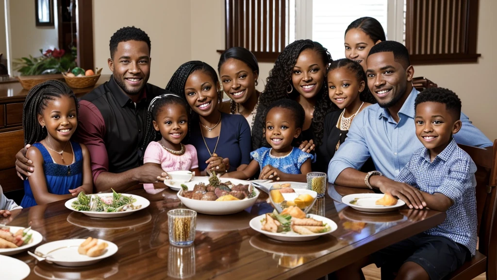 A joyful family gathering with Edward McDonald, a black man, surrounded by his black wife Mazola Ann, four children, grandchildren, and great-grandchildren. Everyone is smiling and enjoying their time together.